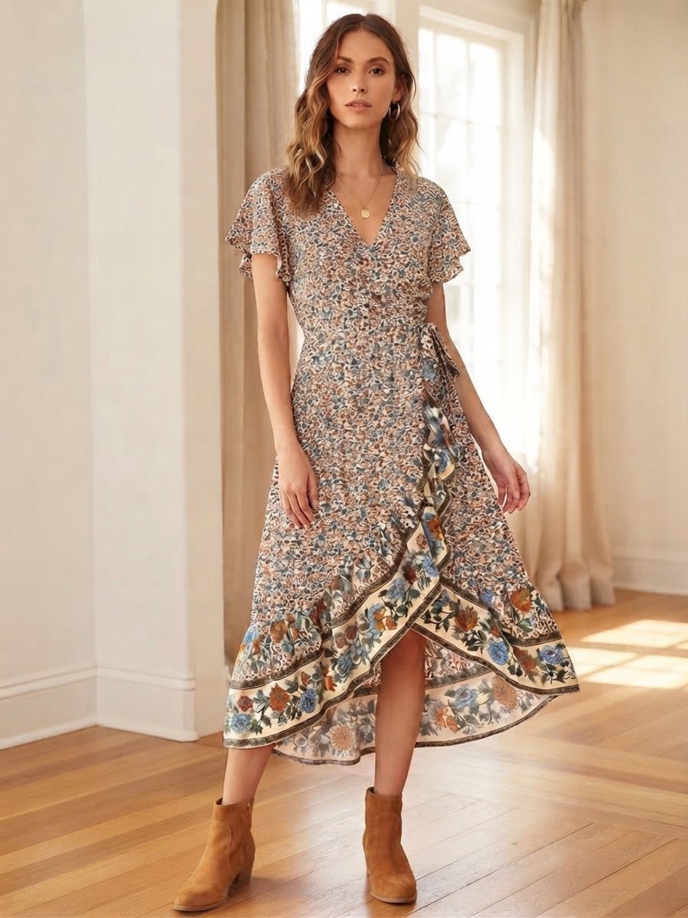 Zesica Boho Floral Wrap High-Low Dress in Cream and Blue